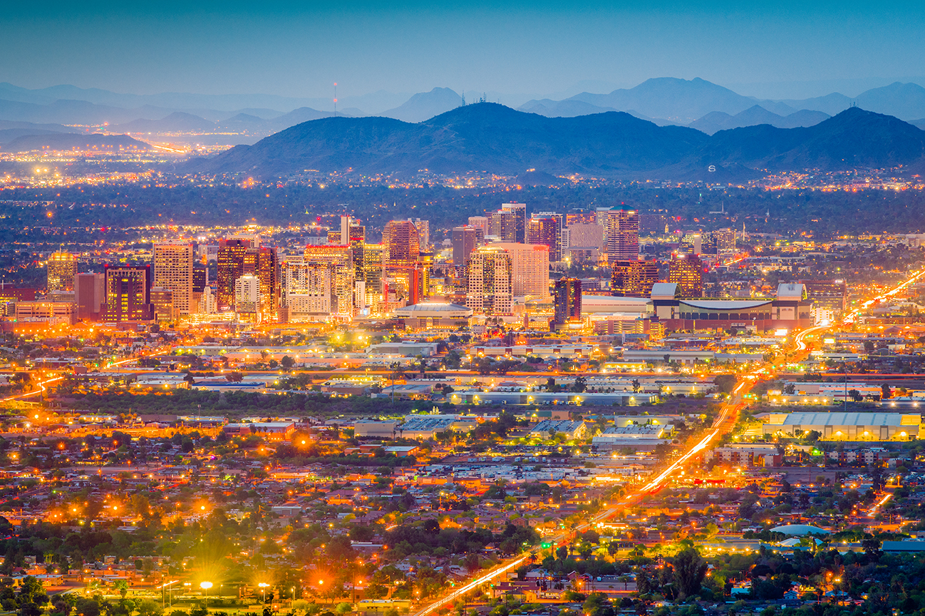 Phoenix, Arizona, USA downtown cityscape at dusk.